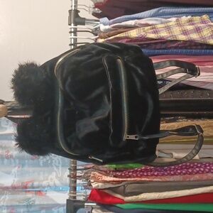 Black Pom Pom Velvet Small Backpack